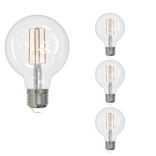 Bulbrite LED Filament Pack of (4) 8.5 Watt Dimmable G25 Light Bulb with a Clear Finish and Medium (E26) Base - 2700K (Warm White Light), 800 Lumens