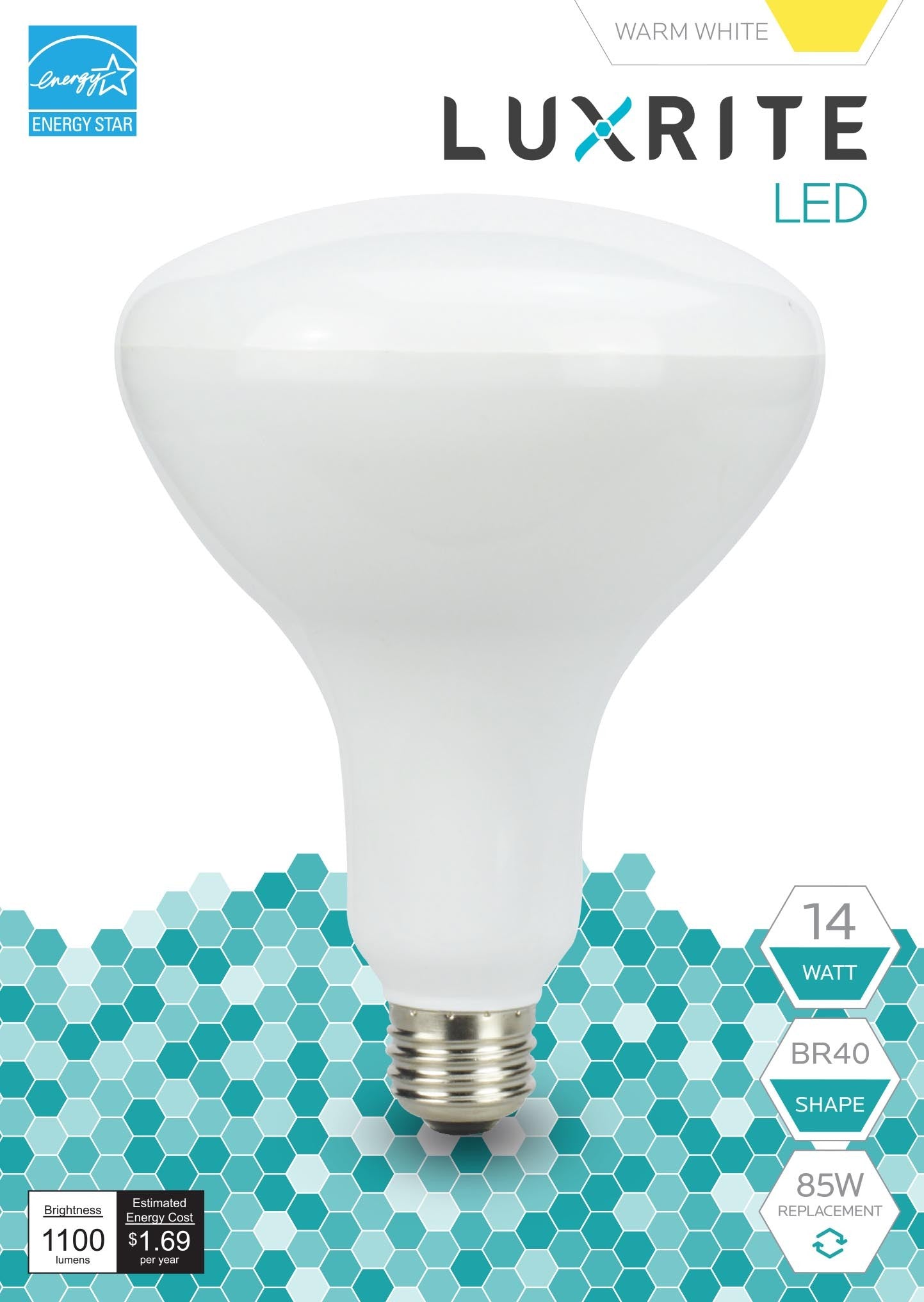 Luxrite LED BR40 Reflector Light Bulb, 14W, 1100 Lumens, 2700K - Warm White, 80 CRI, Frosted White Finish, Dimmable (LR31820)