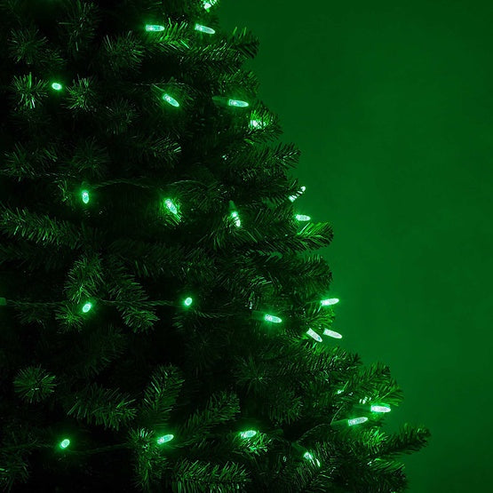 50 Light LED Mini Ice (M5) Light Set Green Bulbs on Green Wire, Approx. 17'8" Long