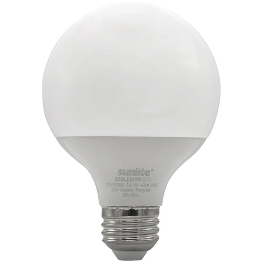 Sunlite 80699 LED G25 Globe Light Bulb, 6 Watts (40W Equivalent), Medium E26 Base, 450 Lumens, Dimmable, UL Energy Star Certified, Decorative Frosted, Vanity Mirror, 2700K Warm White, 1 Count
