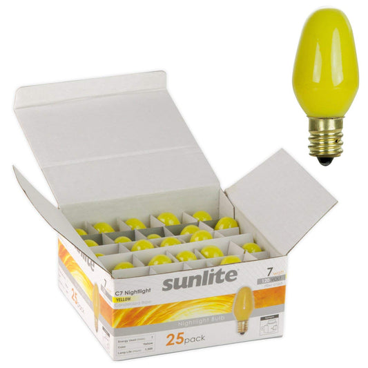 25 Pack Sunlite 7C7/Y/25PK 7 Watt C7 Lamp Candelabra (E12) Base Yellow