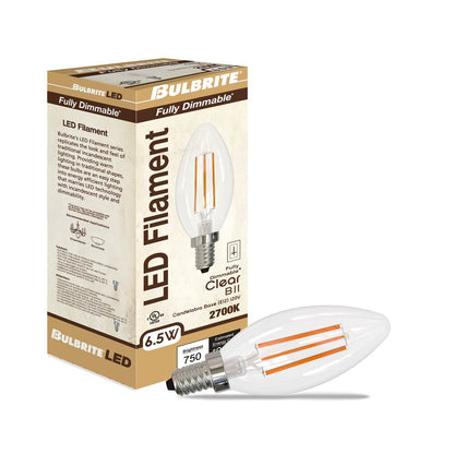 Bulbrite LED Filament Pack of (4) 6.5 Watt Dimmable B11 Light Bulbs with a Clear Finish and Medium (E26) Base - 2700K (Warm White Light), 750 Lumens