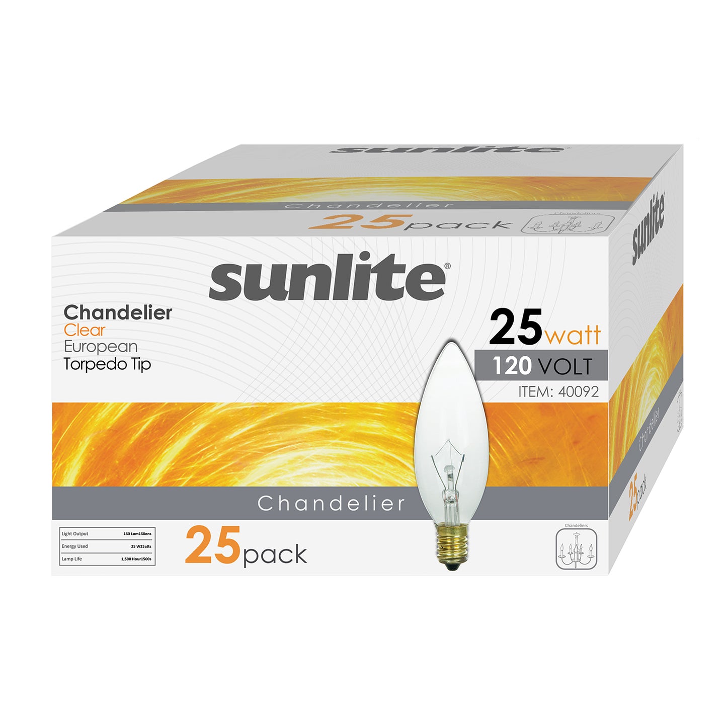 Sunlite 25CTC/32/E14/25PK 25W Incandescent Torpedo Tip Chandelier with Crystal Clear Light Bulb and European E14 Base (25 Pack)