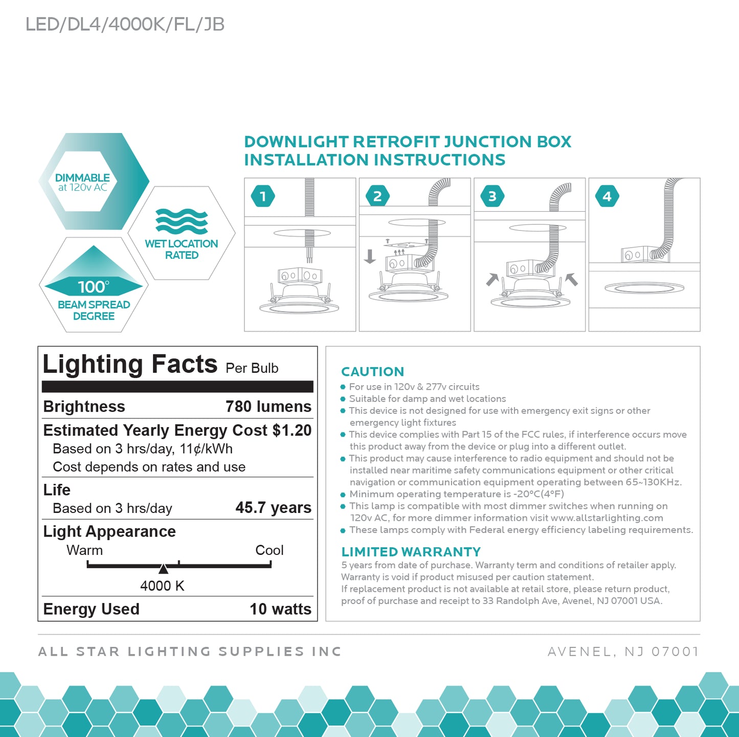 Luxrite Downlight LED/DL4/4000K/FL/JB 4000K Cool White