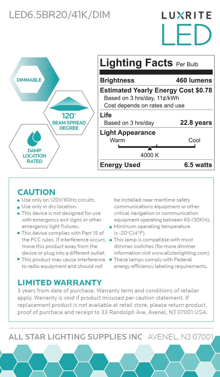 Luxrite LED BR20 Light Bulb, 6.5W, 460 Lumens, 4000K - Cool White, 80 CRI, Frosted White Finish, Dimmable (LR31843)