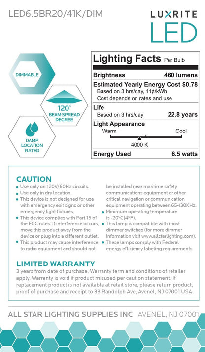 Luxrite LED BR20 Light Bulb, 6.5W, 460 Lumens, 4000K - Cool White, 80 CRI, Frosted White Finish, Dimmable (LR31843)