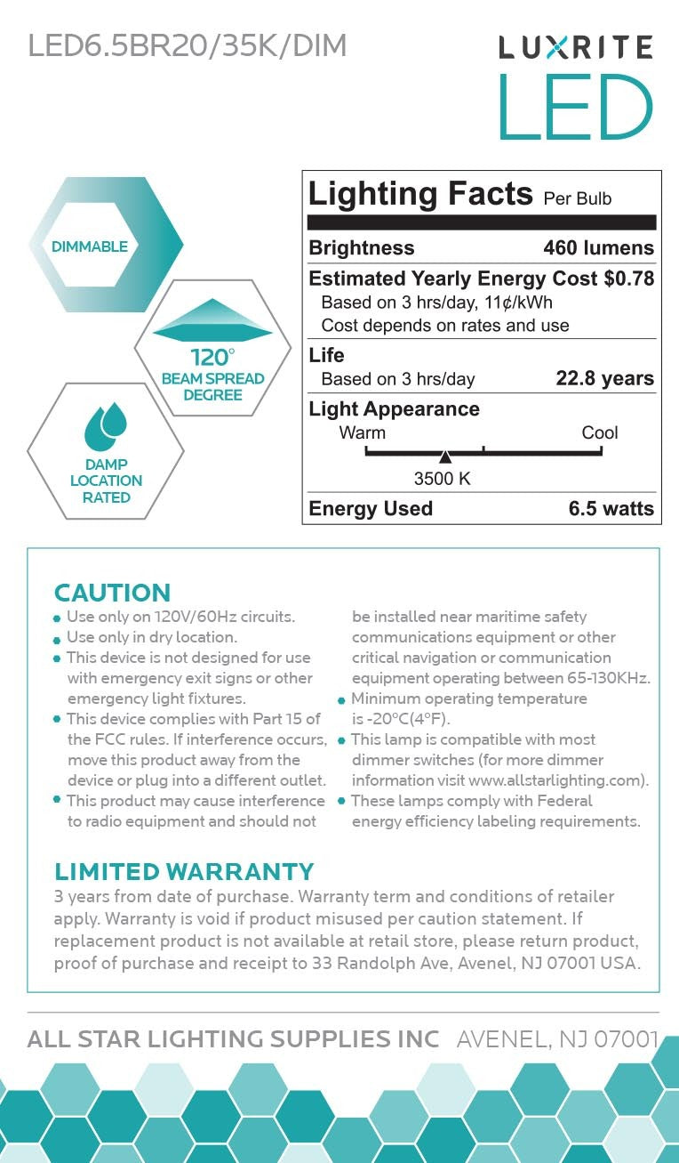 Luxrite LED BR20 Light Bulb, 6.5W, 460 Lumens, 3500K - Natural, 80 CRI, Frosted White Finish, Dimmable, Pack of 8 (LR31842)