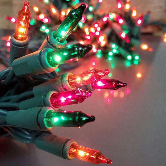 Multi-Colored Christmas Tree Mini Lights, 100 Lights, T1 3/4 Shaped, 21 Foot, Green Wire, Steady Burning and Flashing