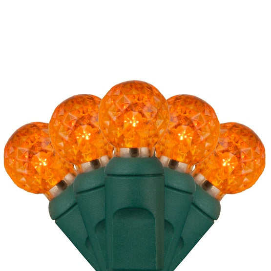 50 Light LED G12 Razzberry Style Light Set Orange Bulbs on Green Wire, Approx. 17'8" Long