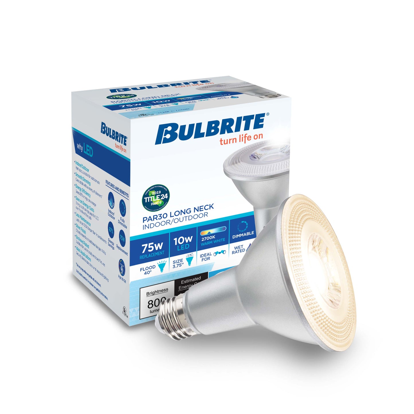 Bulbrite Pack of (6) 10 Watt Dimmable Flood PAR30LN Medium (E26) LED Bulb - 800 Lumens, 2700K, and 90 CRI