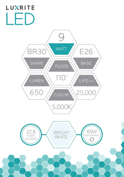 Luxrite LED BR30 Reflector Light Bulb, 9W, 650 Lumens, 5000K - Bright White, 80 CRI, Frosted White Finish, Dimmable, Pack of 7 (LR31854)