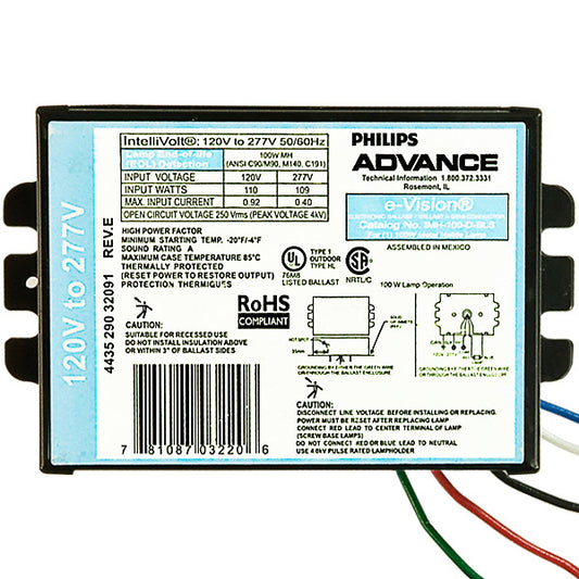 Advance IMH-100-D-BLS-M - 100 Watt - Electronic Metal Halide Ballast ANSI C90/M90, M140, C191 - 120/277 Volt - Power Factor 90% - Max. Temp. Rating 185 Deg. F - Bottom Feed Mounting With Studs