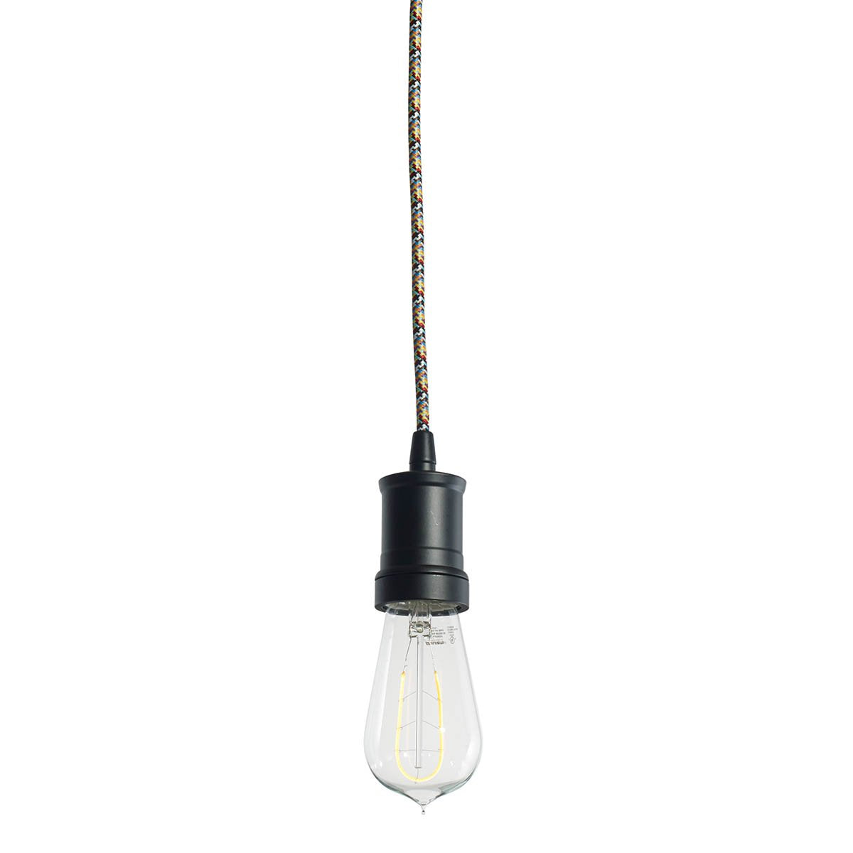 BULBRITE FIXTURES DIRECT WIRE PENDANT KIT CONTEMPORARY BLACK SOCKET WITH MULTI-COLOR CORD AND LED ST18 MEDIUM SCREW (E26) 4W CURVED FILAMENT NOSTALGIC LIGHT BULB 2200K/AMBER LIGHT 40W INCANDESCENT EQUIVALENT 1PK (810086)