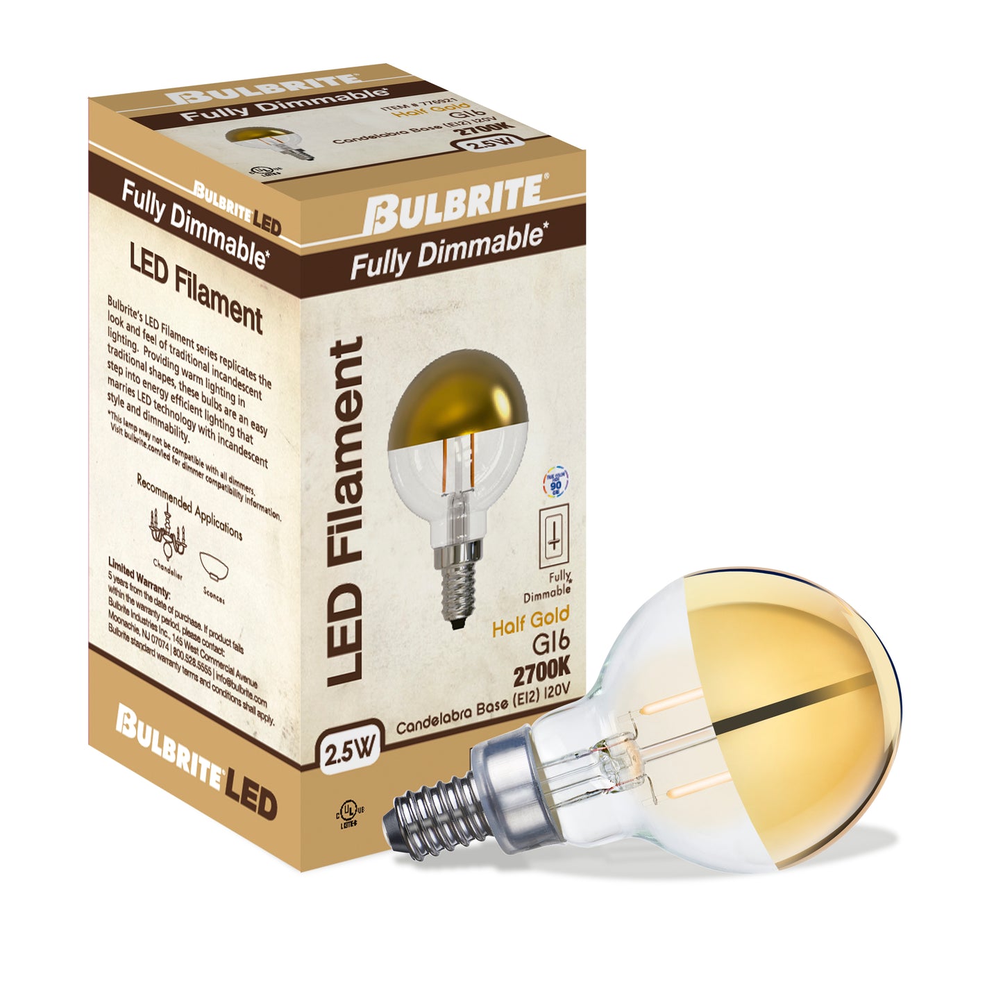 BULBRITE 2.5W LED G16 2700K FILAMENT HALF GOLD E12 FULLY COMPATIBLE DIMMING-4PK