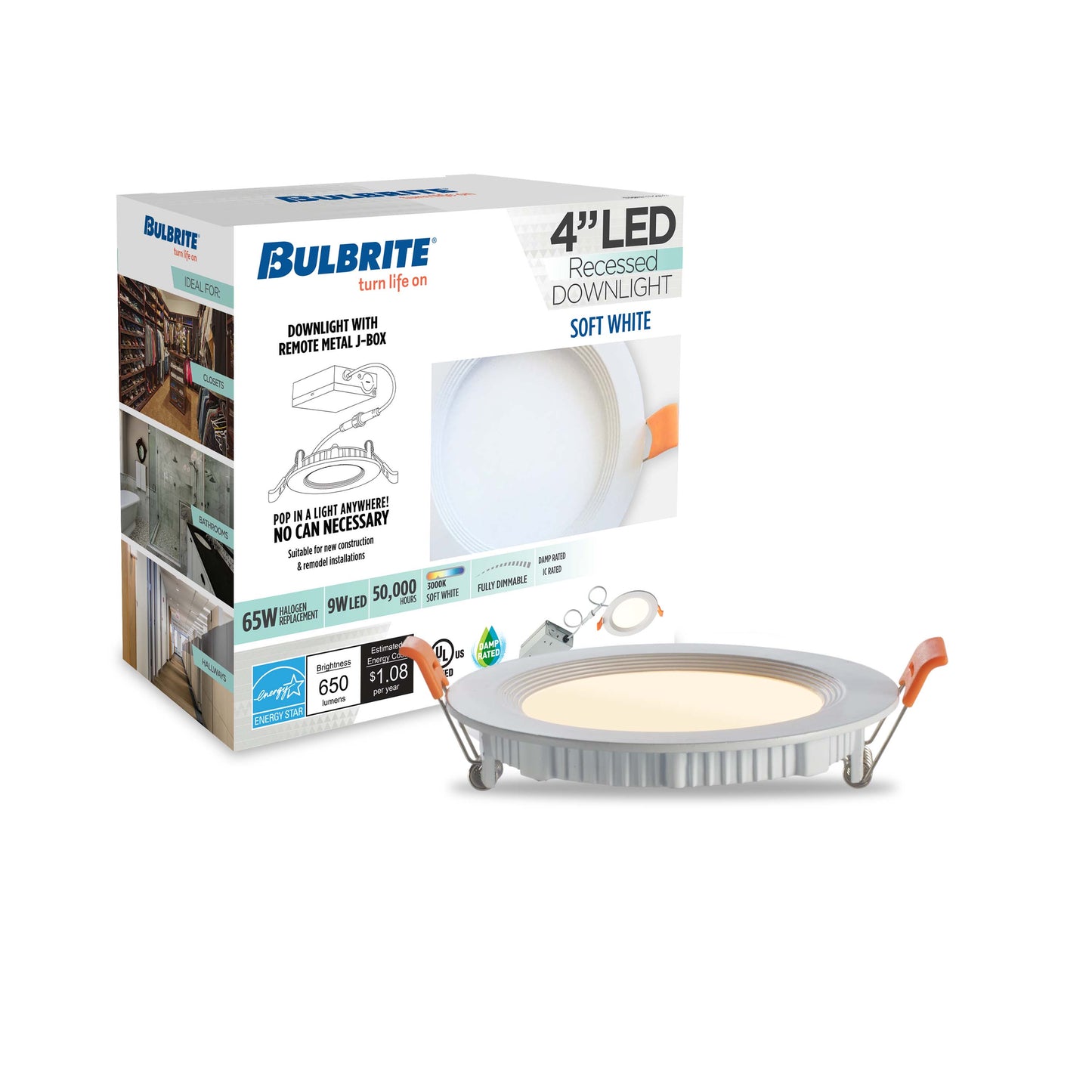 Bulbrite Pack of (2) LED 4" Round Recessed Downlight Fixture with Metal Jbox, 65W Equivalent, 3000K/Soft White, White Finish