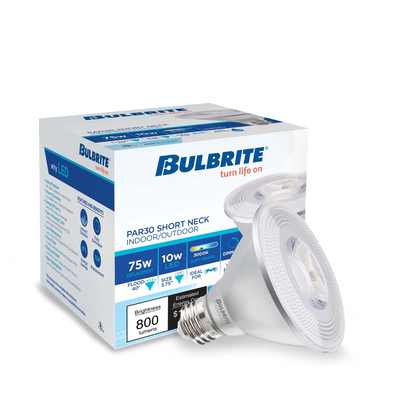 Bulbrite Pack of (6) 10 Watt Dimmable Flood PAR30SN Medium (E26) LED Bulb - 800 Lumens, 3000K, and 80 CRI