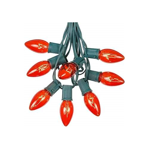 Red Finish Christmas Light String Set, C7 Shape, 12 Foot, Candelabra Base, Green Wire, 25 String Light with 12" Spacing Between Lights