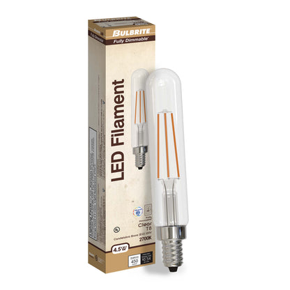 Bulbrite LED Filament Pack of (4) 4.5 Watt Dimmable T8 Light Bulb with Clear Glass Finish and Candelabra (E12) Base - 2700K (Warm White Light), 450 Lumens