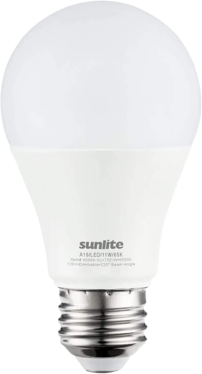 Sunlite LED A19 Standard Light Bulb, 11 Watts (75W Equivalent), 1100 Lumens, Medium Base (E26), Dimmable, UL Listed, Energy Star, 6500K Daylight, Dimmable - 6 Pack