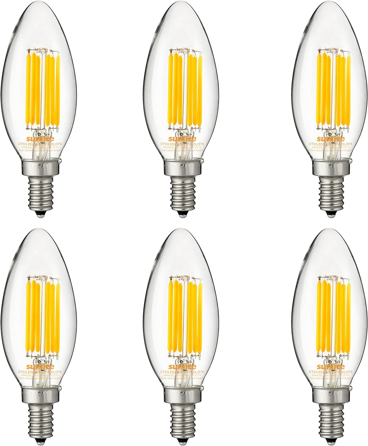 Sunlite 40302 LED Edison B11 Torpedo Tip Chandelier Light Bulb, 5 Watts (60W Equivalent), 630 Lumens, Candelabra E12 Base, Non-Dimmable Clear Glass Filament, 220-277 Volt, 2700K Warm White, 6 Count