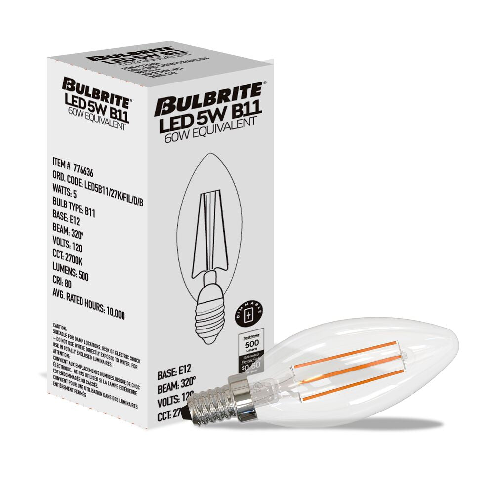 Bulbrite 5 Watt B11 LED Filament Light Bulb, 2700K E12 Candelabra Base, Clear Finish, Pack of 24