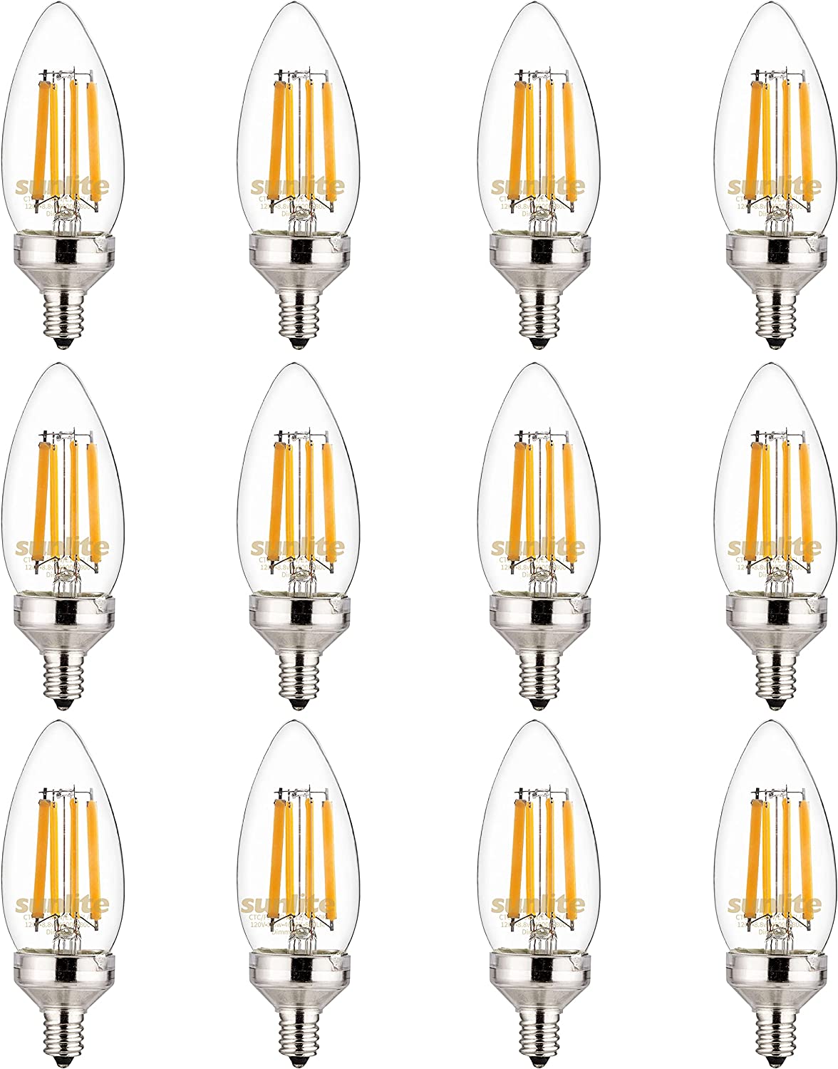 Sunlite 81339 LED Edison B11 Torpedo Tip Chandelier Light Bulb, 8.8 Watts (75 W Equivalent), 800 Lumens, Candelabra E12 Base, Dimmable, UL Listed, Title 20 Compliant, 90 CRI, 4000K Cool White, Pack of 12