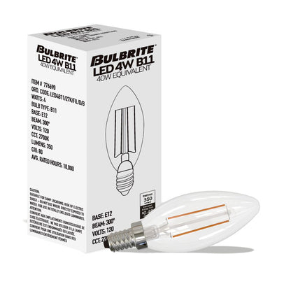 Bulbrite LED Filament B11 Dimmable Candelabra Screw Base (E12) Light Bulb 40 Watt Equivalent 2700K, Clear 24-Pack