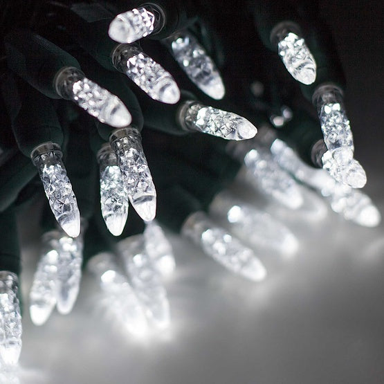 50 Light LED Mini Ice (M5) Light Set Pure White Bulbs on Green Wire, Approx. 17'8" Long