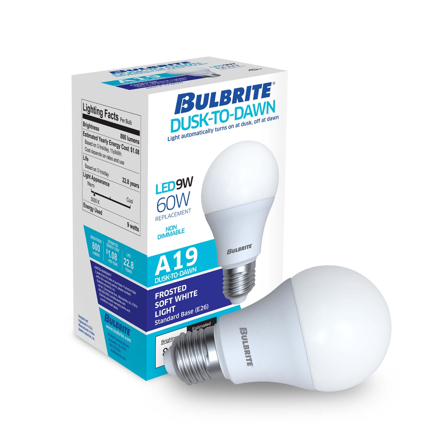 Bulbrite Dusk to Dawn Pack of (4) 9 Watt A19 LED Light Bulb with Frosted Glass Finish and Medium (E26) Base - 3000K (Soft White Light), 800 Lumens