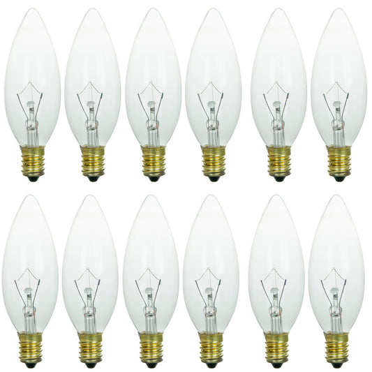 Sunlite 40CTC/32/E14/12PK 40W Incandescent Torpedo Tip Chandelier with Crystal Clear Light Bulb and European E14 Base (12 Pack)