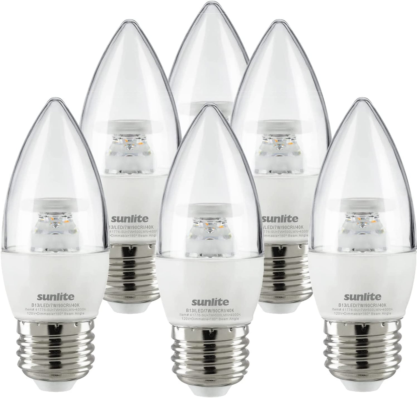 LED Torpedo Tip B11 Chandelier Light Bulb, 7 Watts (60W Equivalent), 500 Lumens, Medium Base (E26), Dimmable, Energy Star, 40K - Cool White, Clear 6 Pack