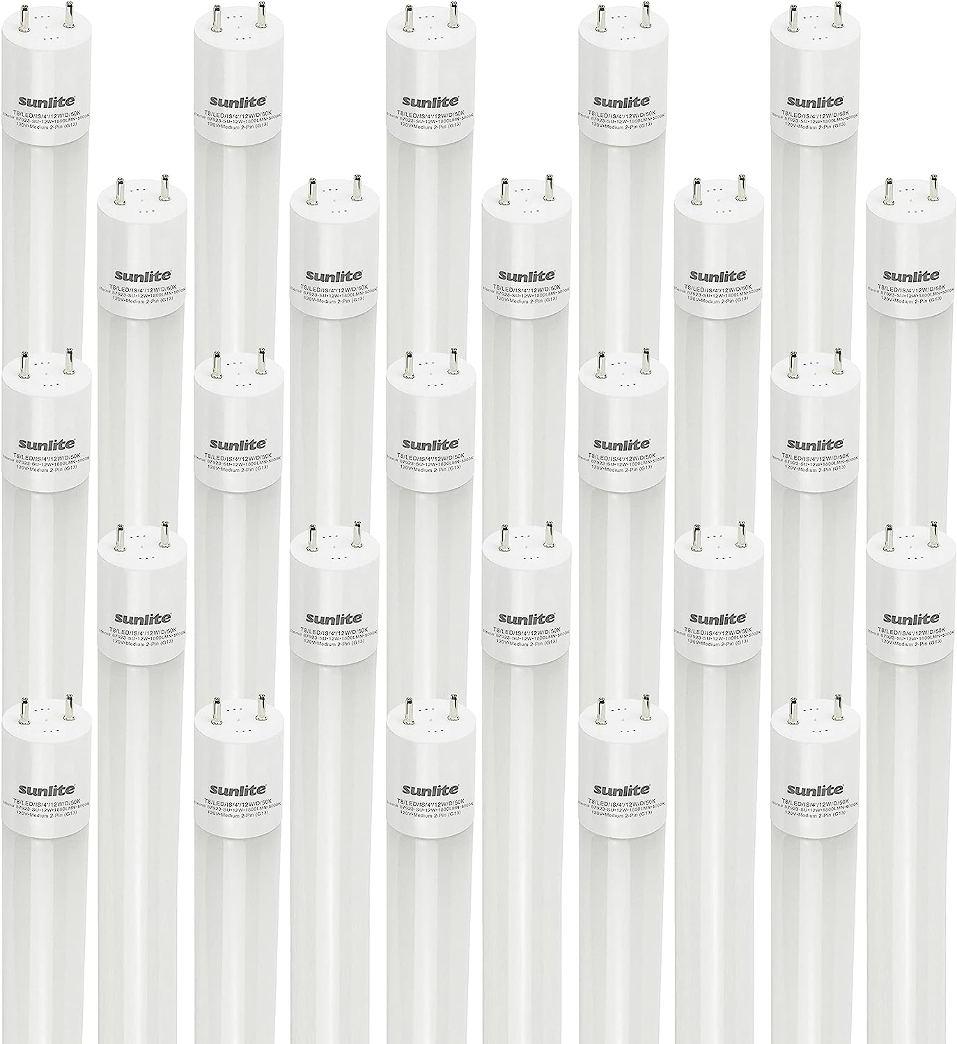 Sunlite 87923 LED T8 Plug & Play Light Tube (Type A) 4 ft, 12 Watt (32W Equivalent) 1800 Lumens, Medium G13 Bi-Pin Base, Dual End Connection, Electronic Ballast Compatible, 5000K Super White, 25 Pack