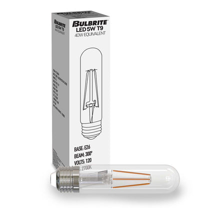 Bulbrite LED T9 Basic Filament Light Bulb, Dimmable E26 Medium Base, Clear Finish, 2700K 5 Watt, 8-Pack