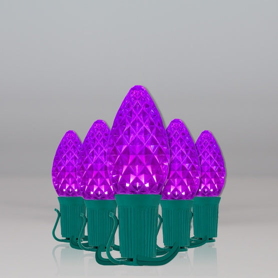 25 Light LED C7 Light Set Purple Bulbs on Green Wire, Approx. 16'6" Long