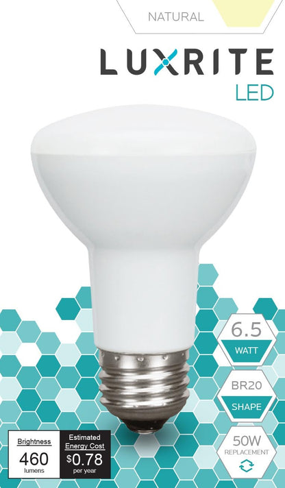 Luxrite LED BR20 Light Bulb, 6.5W, 460 Lumens, 3500K - Natural, 80 CRI, Frosted White Finish, Dimmable, Pack of 8 (LR31842)