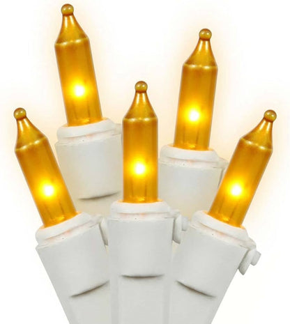 Transparent Amber Christmas Tree Mini Lights, 50 Lights, T1 3/4 Shaped, 16 Foot, White Wire, Steady Burning and Flashing