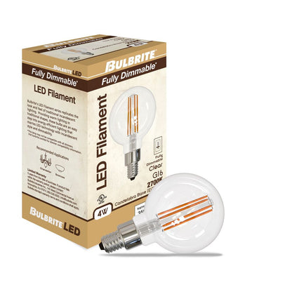Bulbrite LED Filament Pack of (4) 4 Watt Dimmable G16 Light Bulbs with a Clear Finish and Candelabra (E12) Base - 2700K (Warm White Light), 350 Lumens