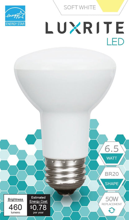 Luxrite LED BR20 Light Bulb, 6.5W, 460 Lumens, 3000K - Soft White, 80 CRI, Frosted White Finish, Dimmable (LR31841)