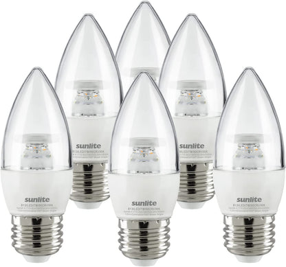 Sunlite LED Torpedo Tip B11 Chandelier Light Bulb, 7 Watts (60W Equivalent), 500 Lumens, Medium Base (E26), Dimmable, Energy Star, 3000K - Warm White, Clear 6 Pack