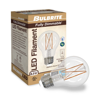 Bulbrite Pack of (2) 8.5 Watt Dimmable Clear Filament A19 Medium (E26) LED Bulb - 850 Lumens, 2700K, and 90 CRI