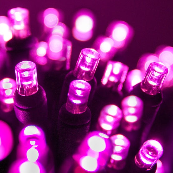 50 Light LED Conical (5MM) Light Set Pink Bulbs on Green Wire, Approx. 17'4" Long