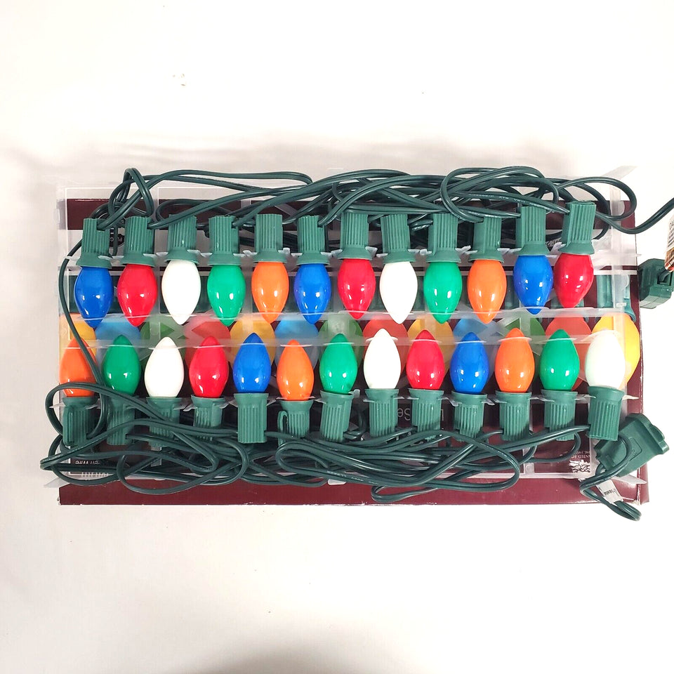 Multicolored Finish Christmas Light String Set, C7 Shape, 12 Foot, Candelabra Base, Green Wire, 25 String Light with 12" Spacing Between Lights