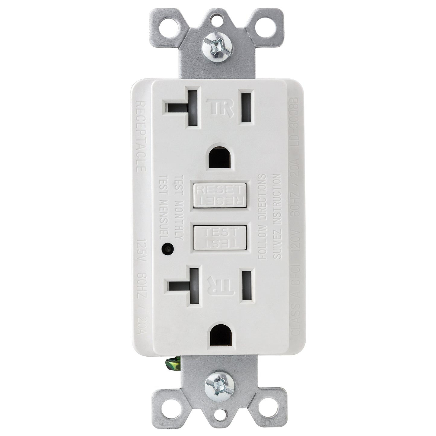 Sunlite 55415-SU GFCI Duplex Outlet, 20 Amp, 120 VAC, 2 Pole/3 Wire, Tamper Resistant, Wallplate Included, ETL Listed, White 1 Pack