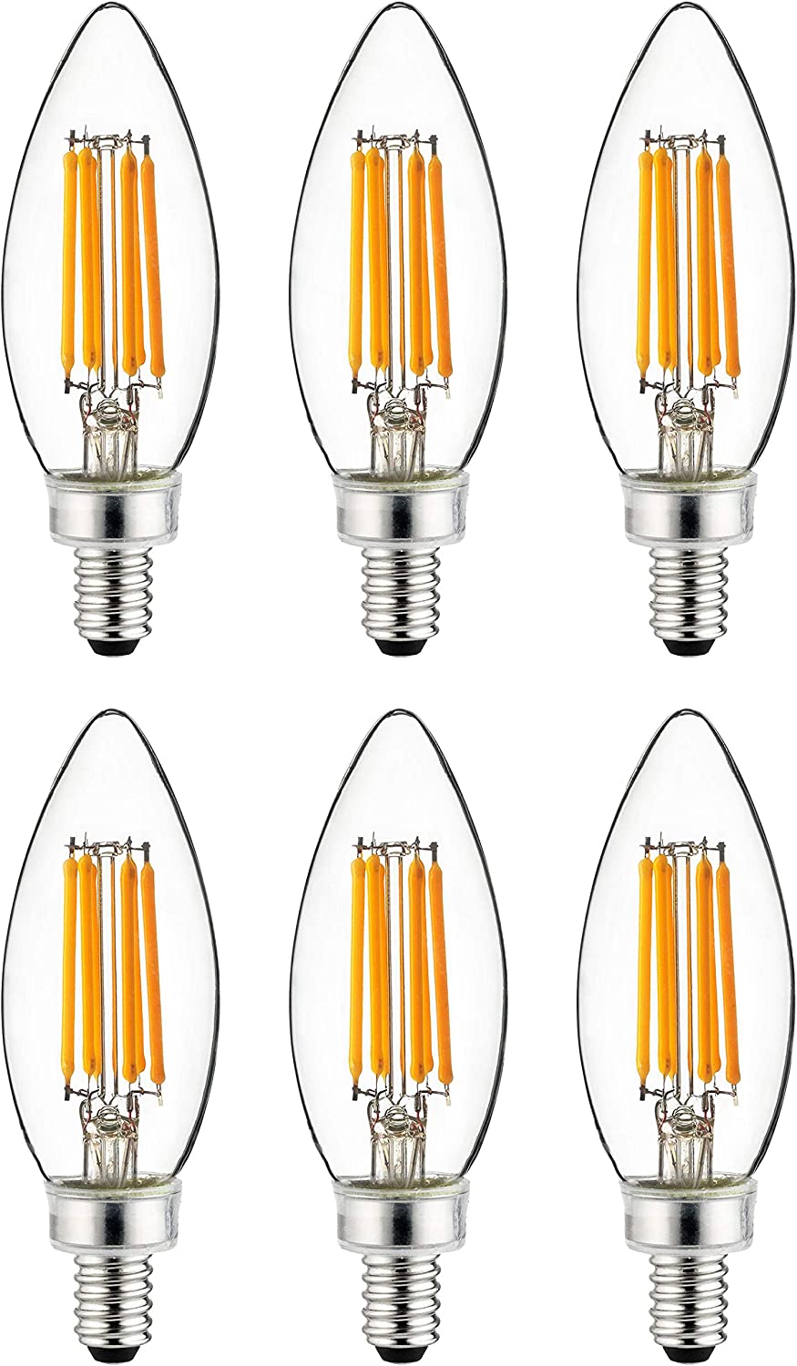 Sunlite 81102 LED Filament B11 Torpedo Tip Chandelier Light Bulb, 5 Watts (60 W Equivalent), 600 Lumens, Candelabra E12 Base, Dimmable, UL Listed, 3000K Warm White, Pack of 6