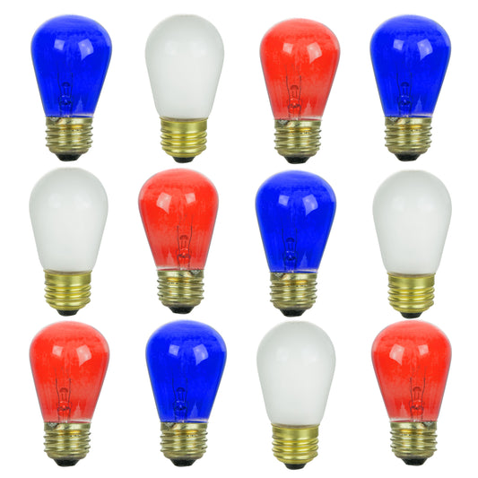 Sunlite 41492-SU S14 Incandescent Colored Party String Light Bulb, 11 Watts, Medium Base (E26), Dimmable, Mercury Free, Combo, Red White and Blue 12 Pack