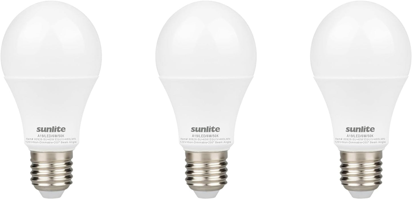 Sunlite LED A19 Light Bulb, 6 Watts (40 Watt Equivalent), 480 Lumens, 120 Volts, Non-Dimmable, 200 Degree Beam Angle, Medium E26 Base, ROHS Compliant, UL Listed, 5000K Super White, 3 Pack