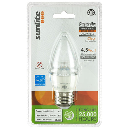 Sunlite LED Torpedo Tip Chandelier 4.5W (40W Equivalent) Light Bulb Medium (E26) Base, Warm White