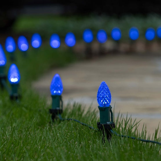 25 Light LED C7 Light Set Blue Bulbs on Green Wire, Approx. 16'6" Long