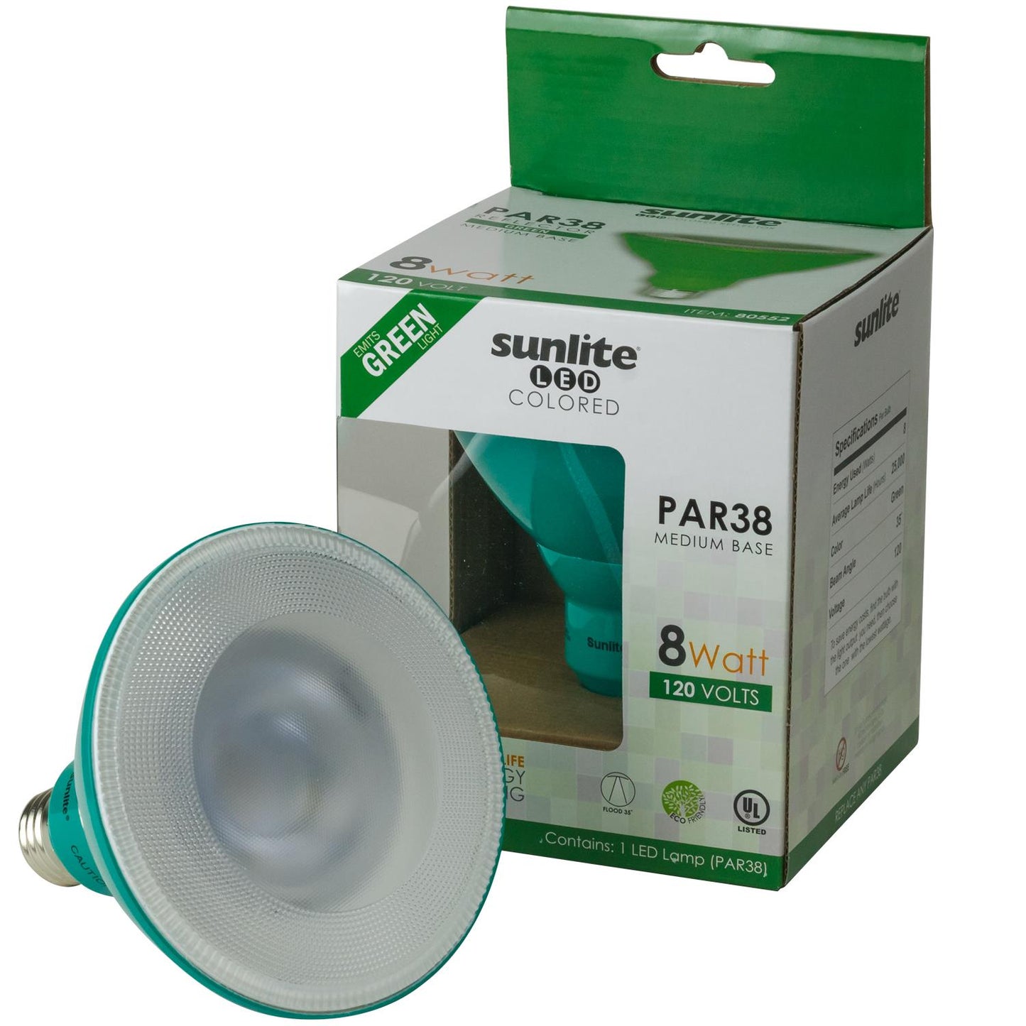 Sunlite LED PAR38 Green Floodlight Bulb, 8W (40W Equivalent), Medium (E26) Base, Indoor, Outdoor, Wet Location, 25,000 Hour Lifespan, UL Listed