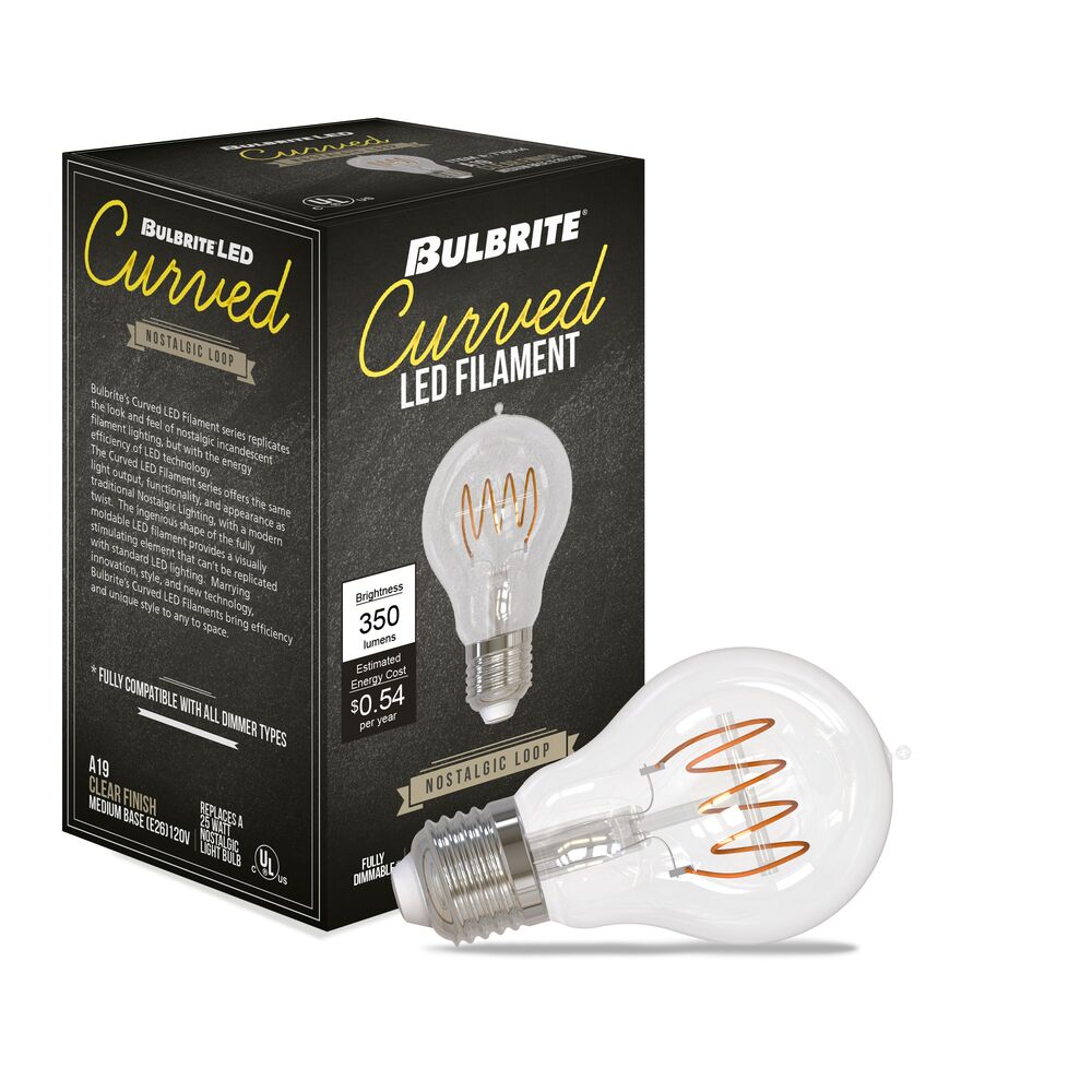 Bulbrite LED A19 Curved Filament Loop, Dimmable E26 Medium Base, Clear Finish, 2100K-Amber Light 4 Watt, 4-Pack